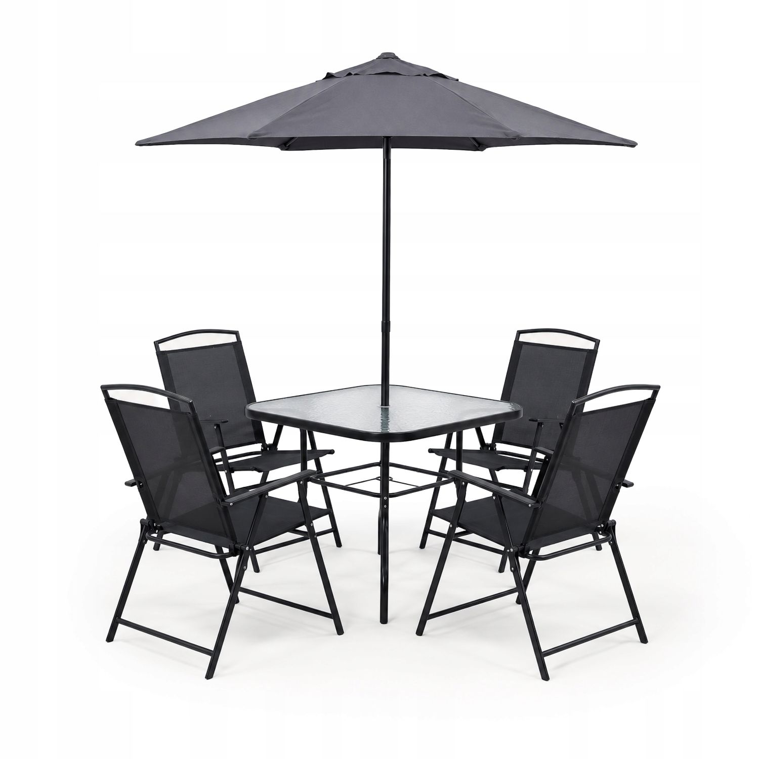 Zestaw Mebli Ogrodowych 6w1 Stół + 4 Krzesła + Parasol Czarny