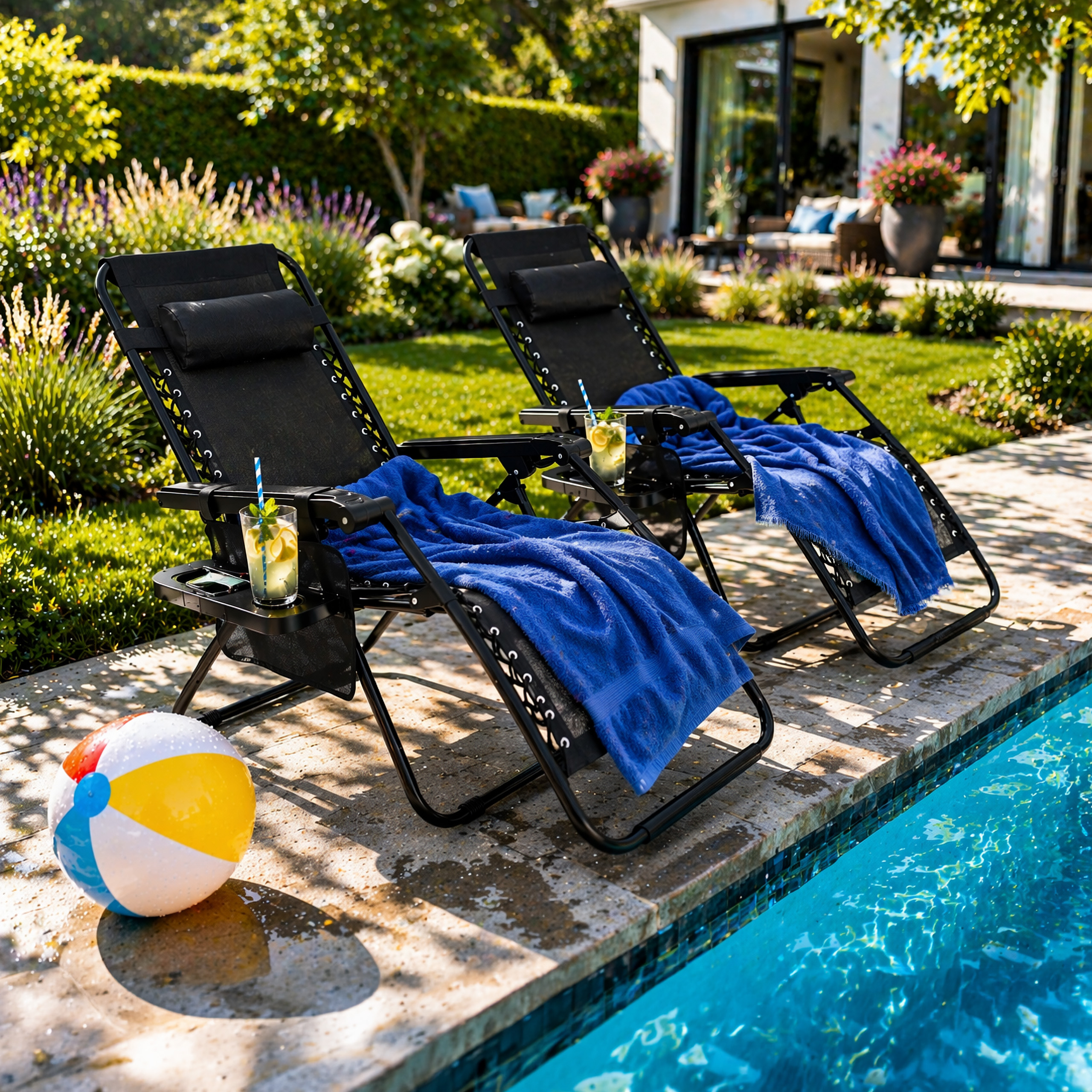 Leżak ogrodowy składany z zagłówkiem i stoliczkiem z antypoślizgowymi stopkami