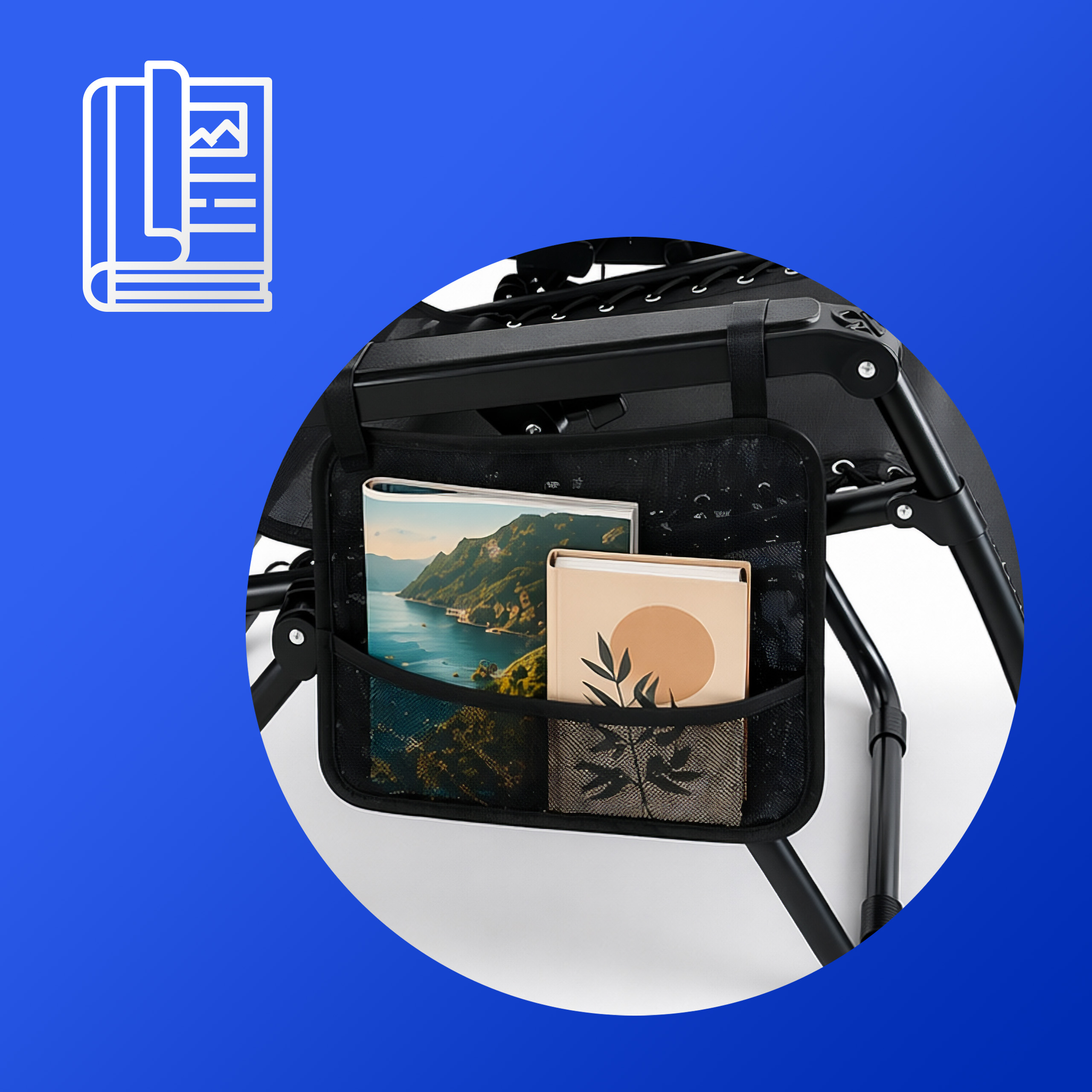 Leżak ogrodowy składany regulowany z zagłówkiem i stoliczkiem czarny z gazetownikiem