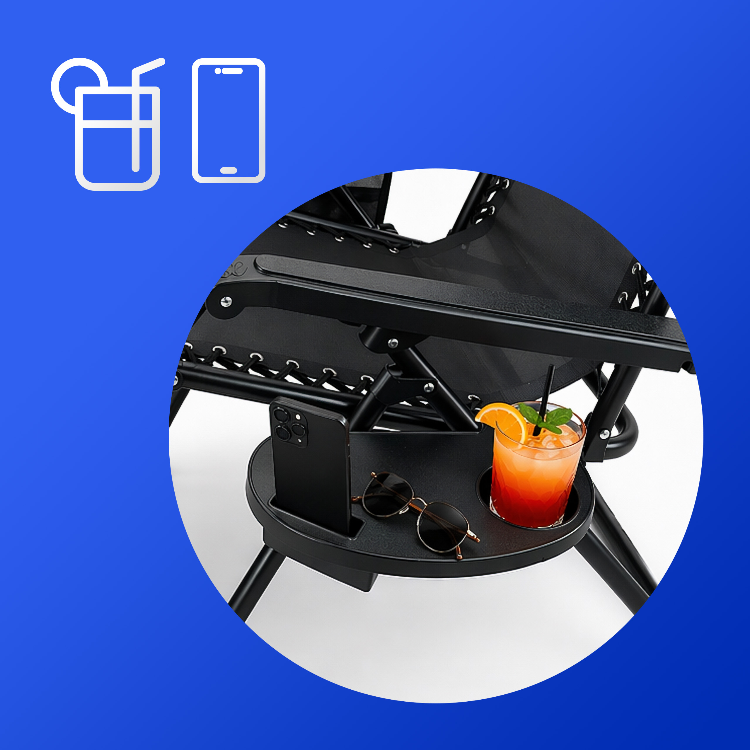 Leżak ogrodowy składany z zagłówkiem i stoliczkiem z boczną półką