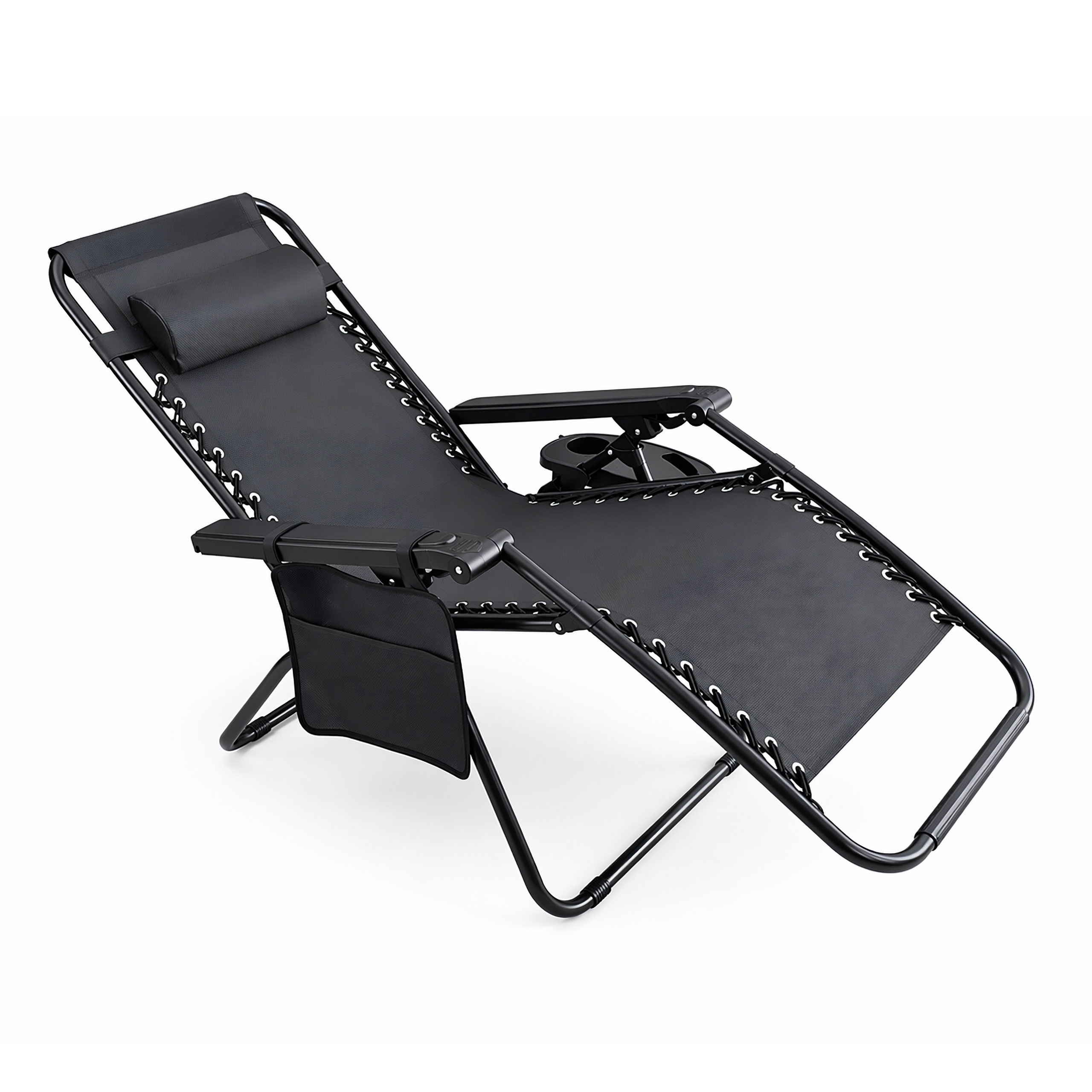 Leżak ogrodowy składany z zagłówkiem i stoliczkiem