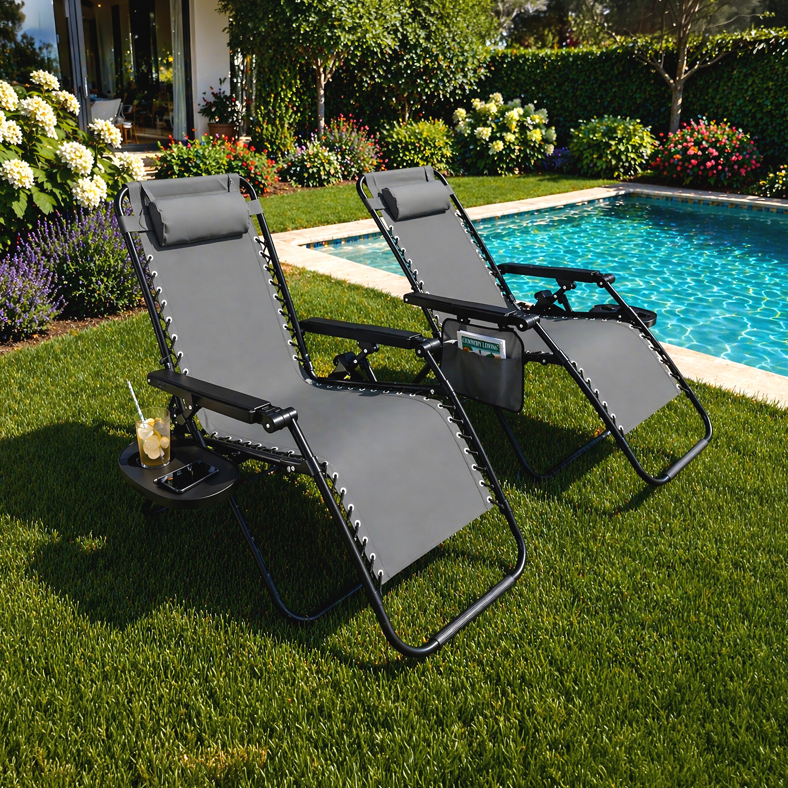 Leżak ogrodowy składany regulowany z zagłówkiem i stoliczkiem z antypoślizgowymi stopkami