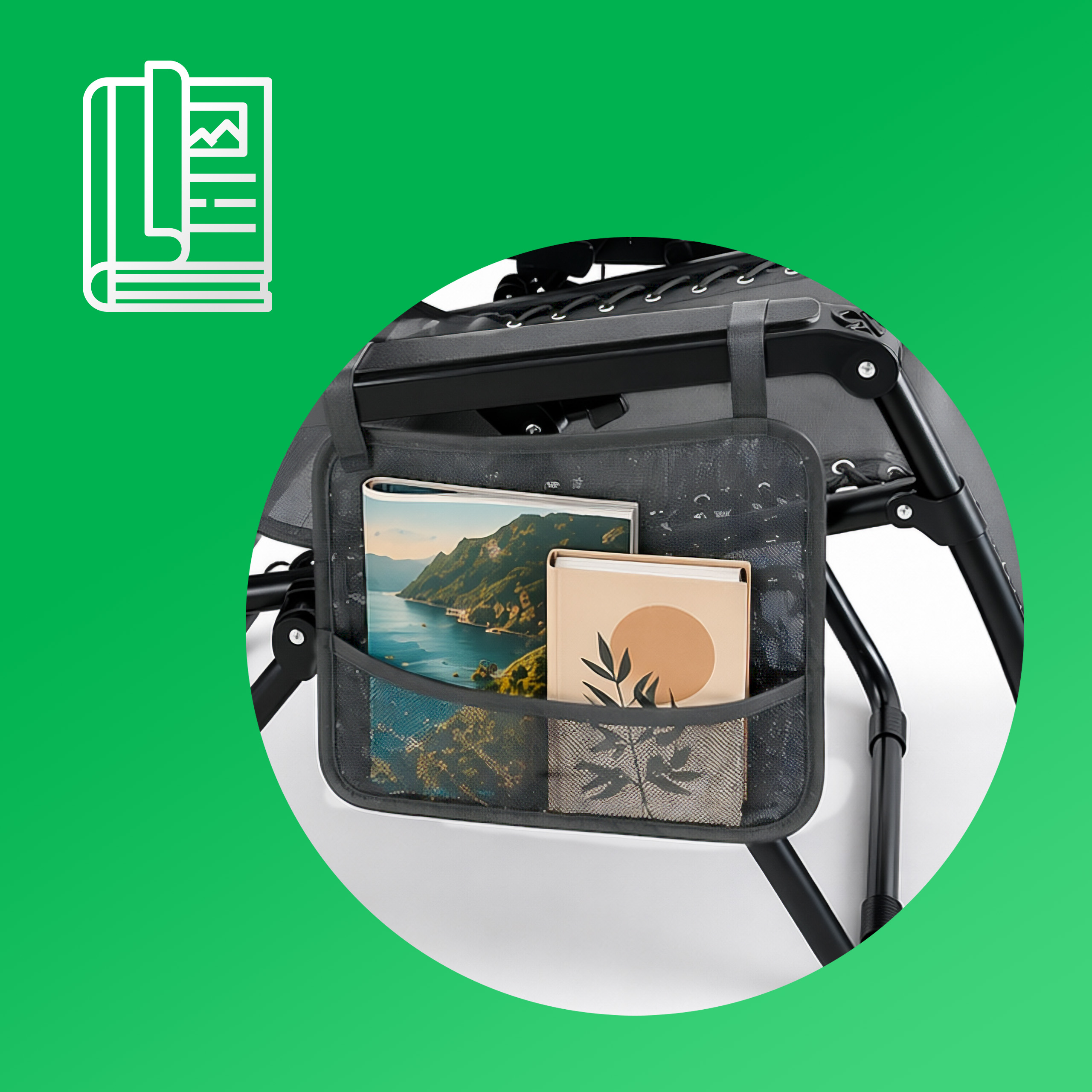 Leżak ogrodowy składany regulowany z zagłówkiem i stoliczkiem szary z gazetownikiem