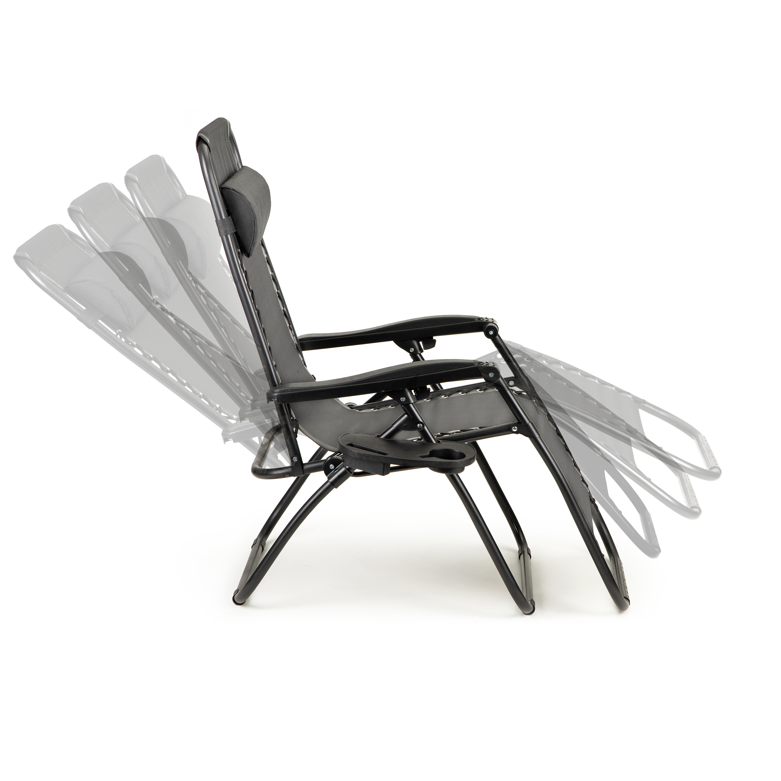Leżak ogrodowy składany regulowany z zagłówkiem i stoliczkiem w pozycji wypoczynkowej