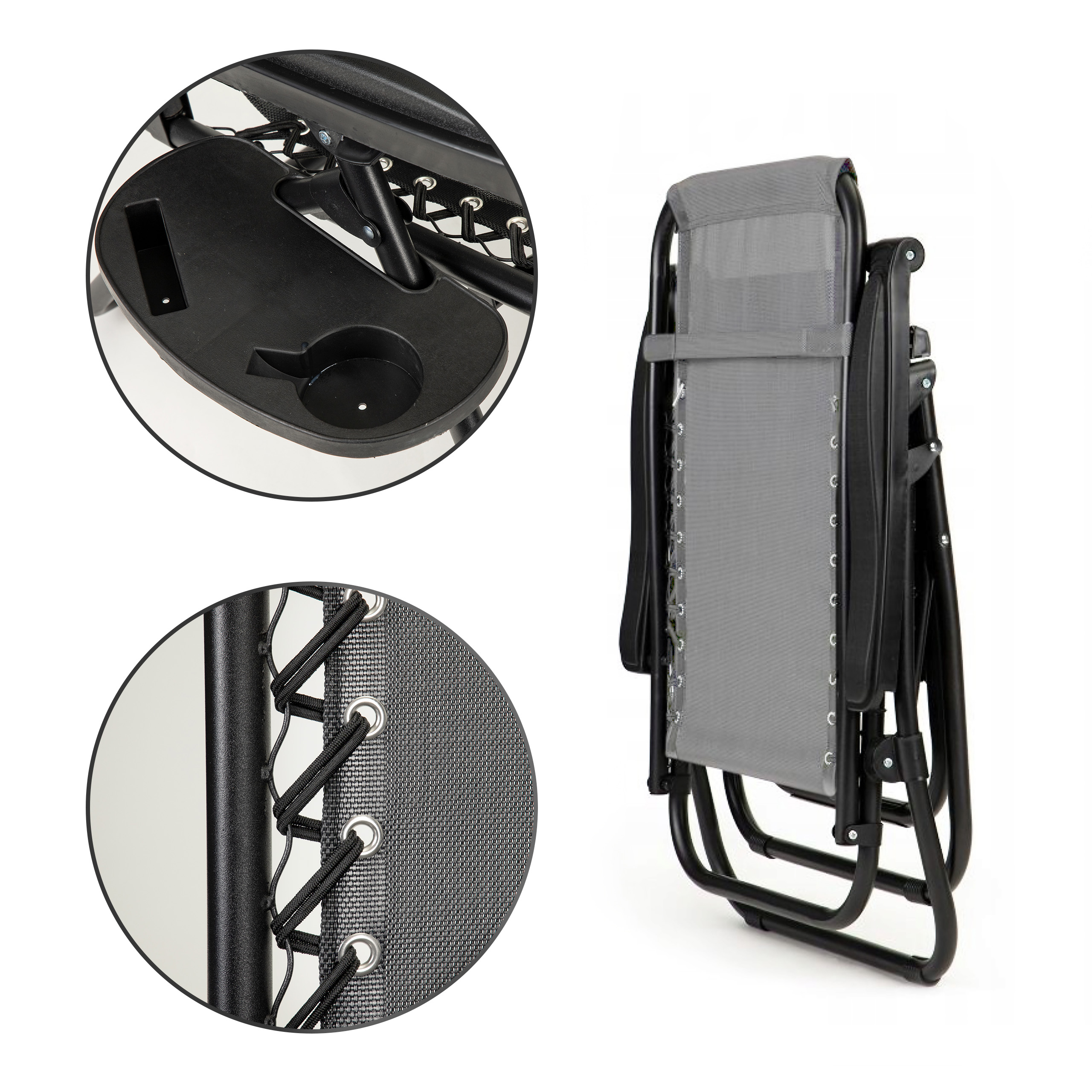 Leżak ogrodowy składany regulowany z zagłówkiem i stoliczkiem z boczną półką