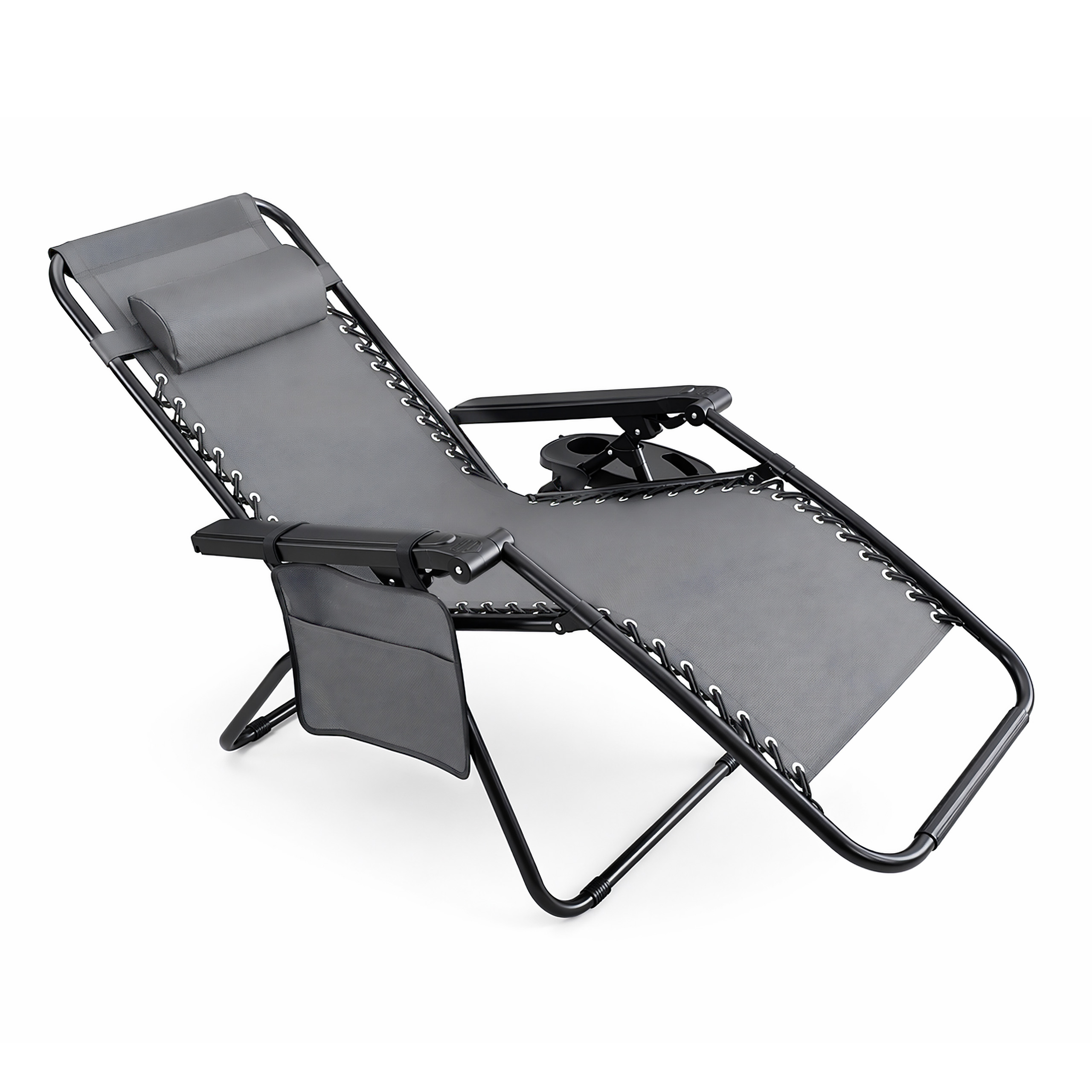 Leżak ogrodowy składany regulowany z zagłówkiem i stoliczkiem z zagłówkiem