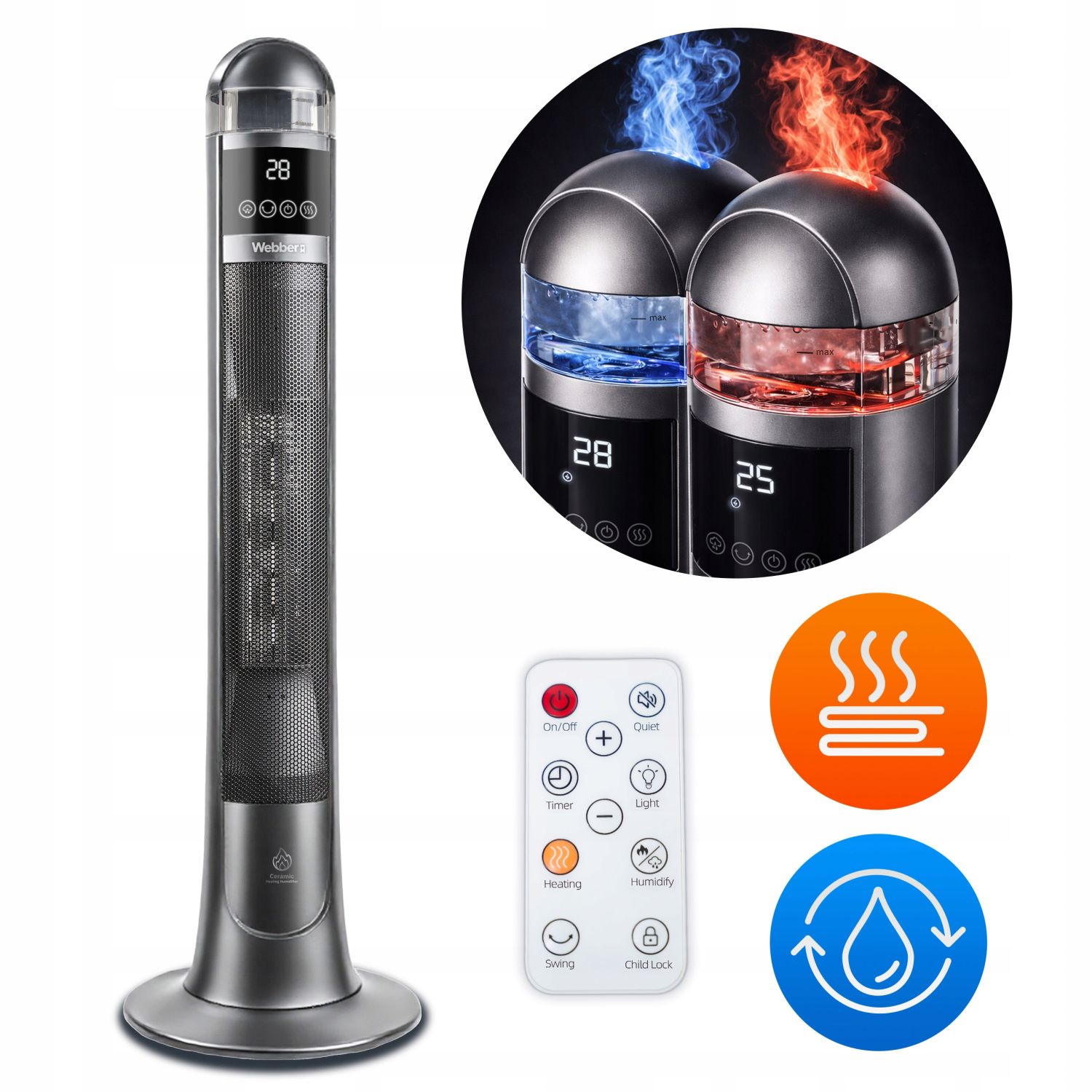 Webber ETNA Graphite Grzejnik ceramiczny kolumnowy z nawilżaczem 2200W