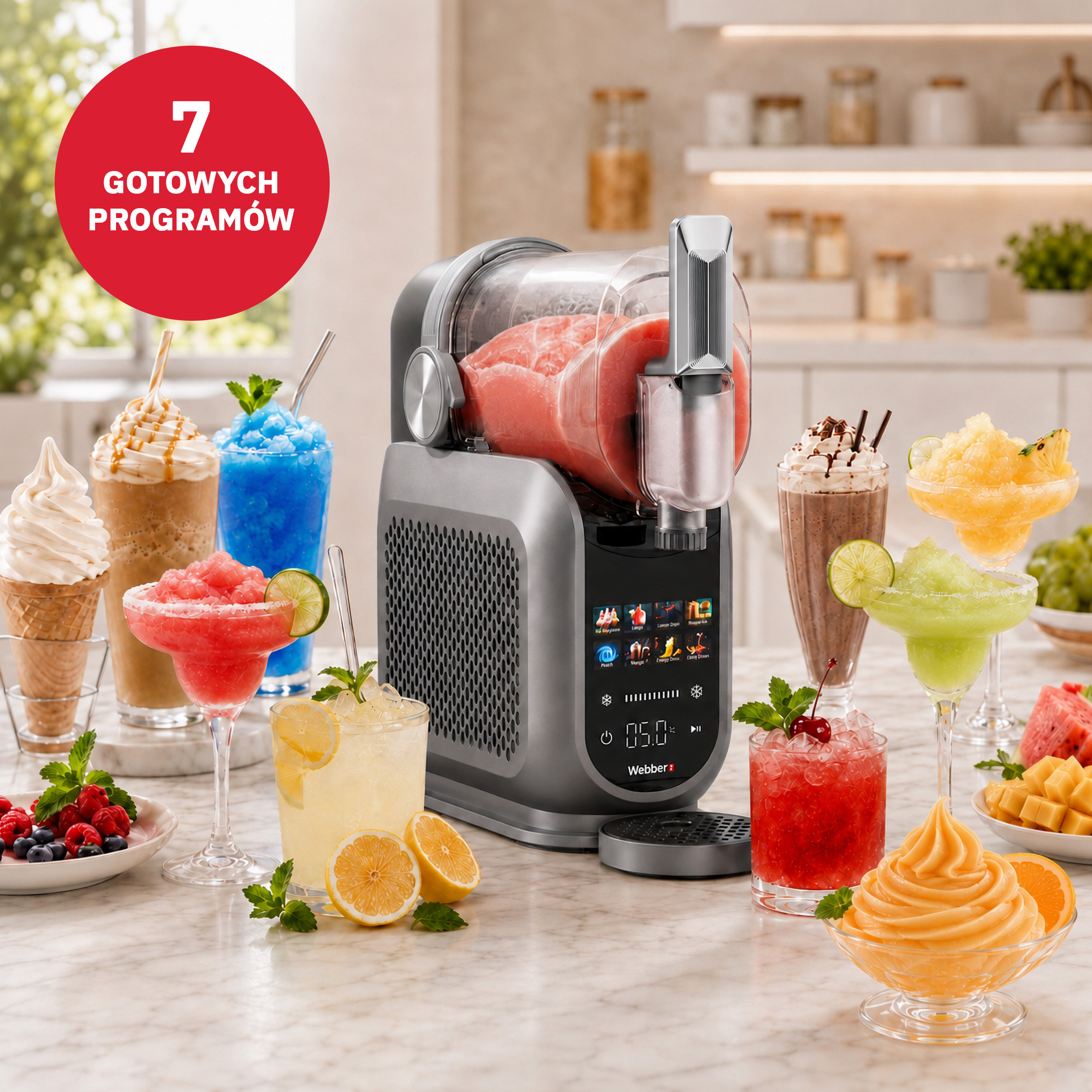 Webber WSM-7 PRO maszyna do slushy, lodów włoskich i mrożonych napojów – przykłady napojów i deserów